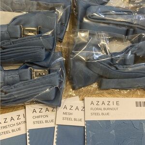 Azazie Steel Blue swatches and matching bow ties to bridesmaid dresses